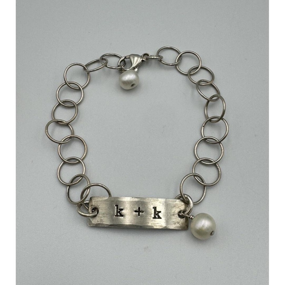 Sterling Silver 925 K&K Initial Plate Circle Link 8" Bracelet Pearl‎ Accents - Picture 2 of 8